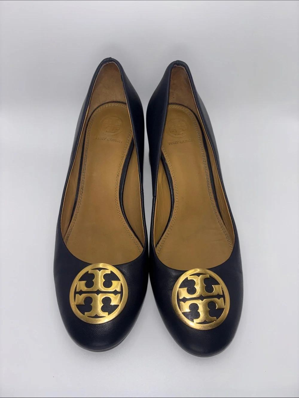 Tory Burch Navy Leather Logo Block Heels
